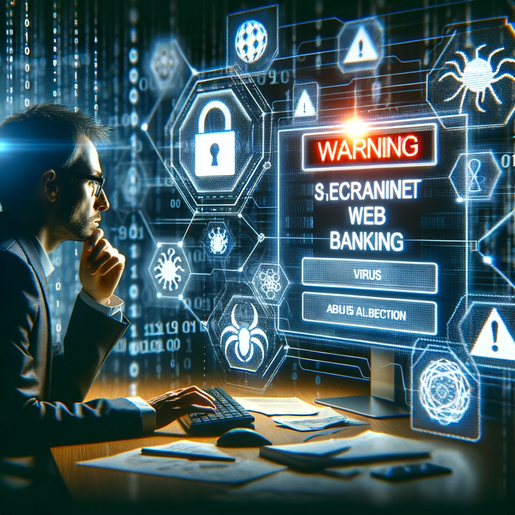 Here is the image depicting the concept of internet security risks associated with web banking, showing a person concerned about a virus warning on their computer screen.