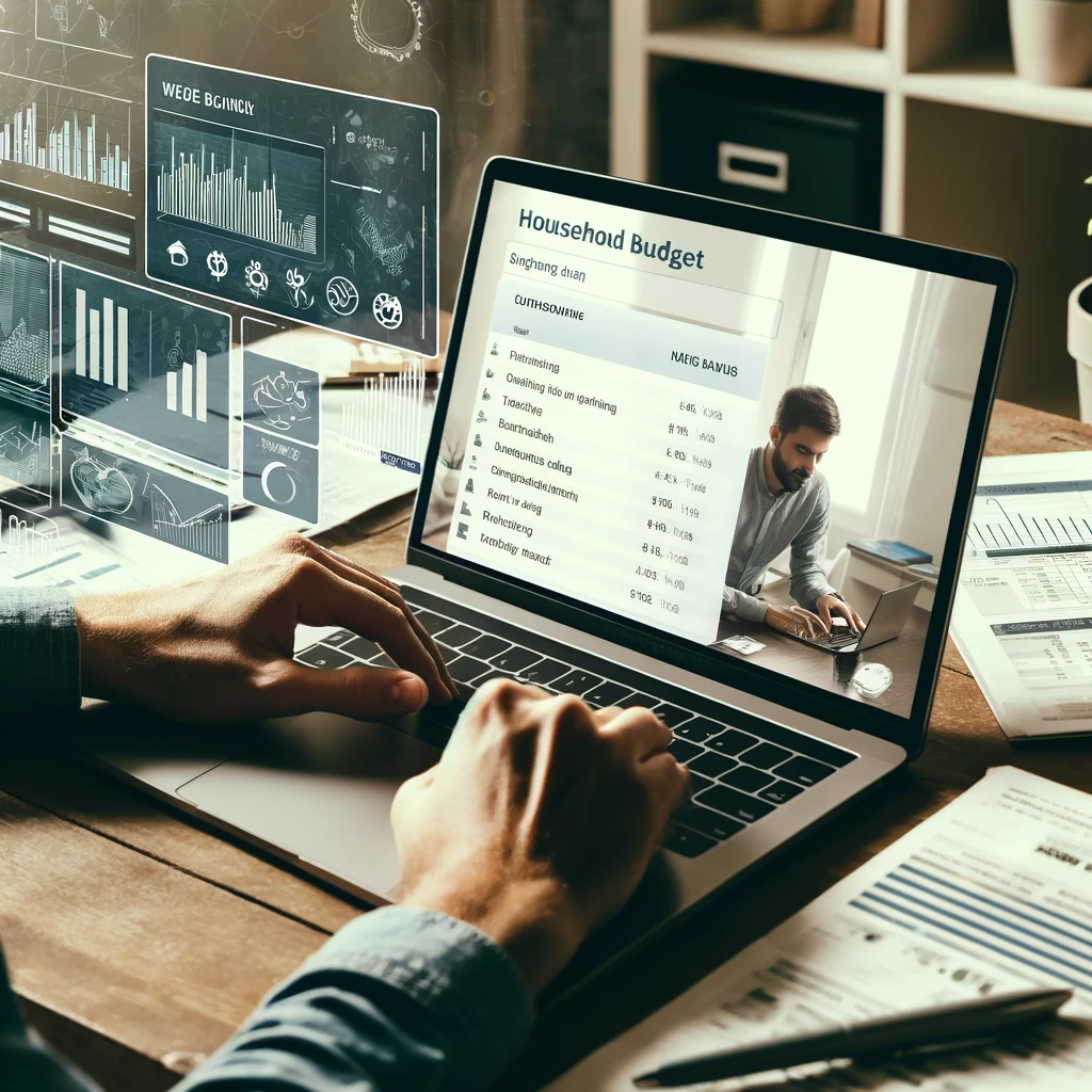 Here is the image depicting an individual managing their household budget using web banking.