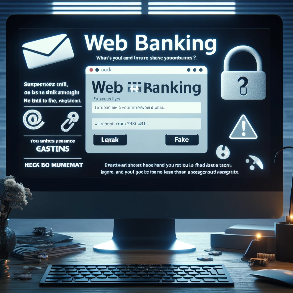 Here is the image depicting a phishing scam targeting web banking users, showing a suspicious email on a computer screen designed to deceive the user into providing sensitive login details.