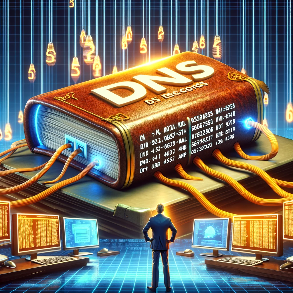 Here is the image based on your description of DNS records visualized as a giant address book on a computer screen in a digital, futuristic office environment.