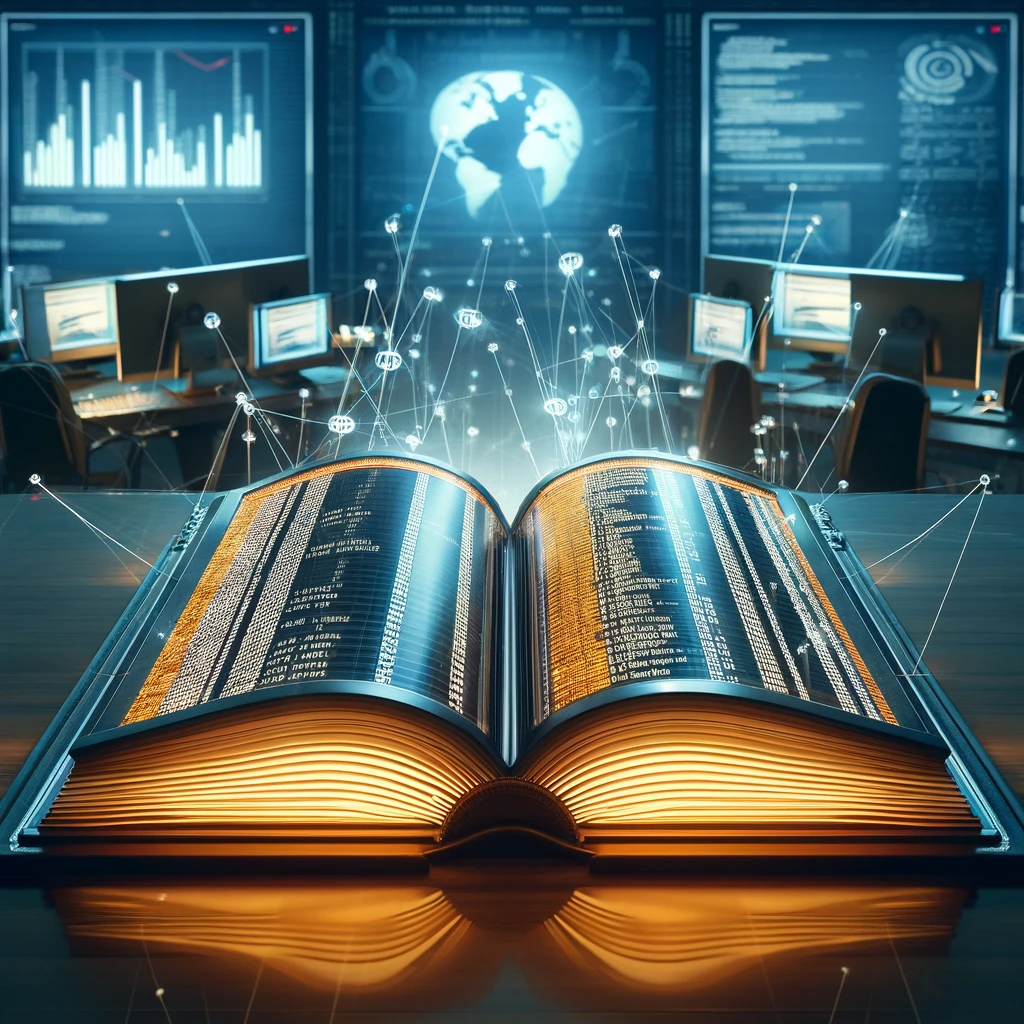 Here is the image based on your description of a DNS zone file visualized as a large, open book displaying lines of code and DNS records, set in a high-tech digital environment.