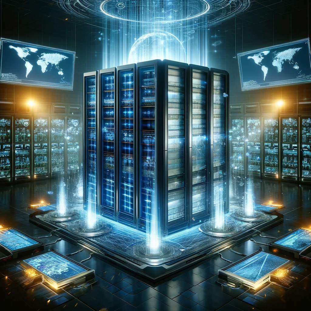 Here is the image representing a DNS authoritative server as a high-tech server tower, responding to DNS queries in a futuristic server room.