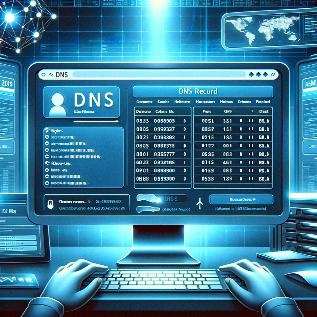 Here is the image depicting a DNS record checking tool in action, with a computer screen that displays various DNS records of a domain name, set in a sophisticated network operations center.